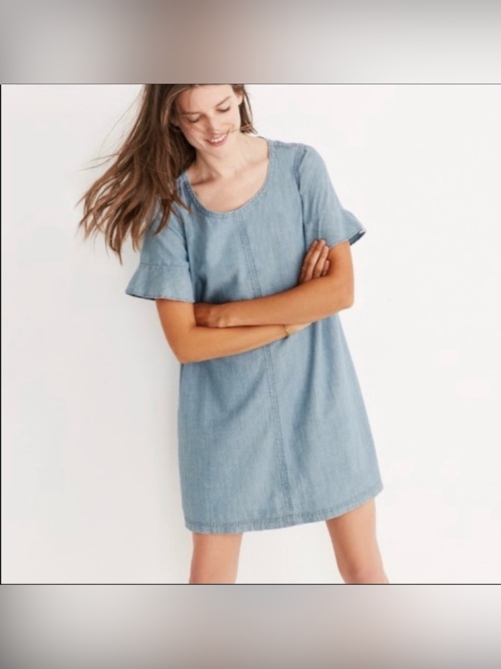 Madewell Chambray Tie-Bow Back Ruffle Sleeve Shift Dress size XS